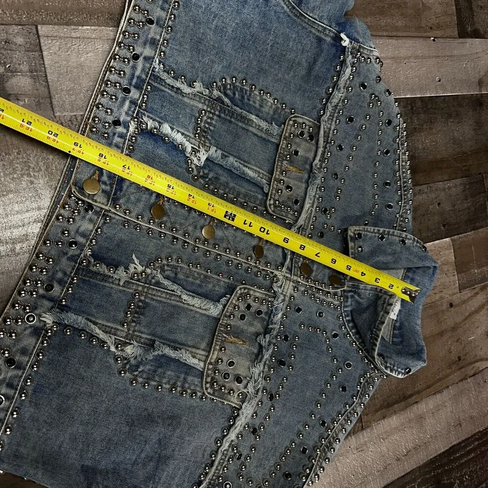 Ma Cherie Denim Jacket Womens Trucker Rhinestone Studded Jacket Size‎ Large